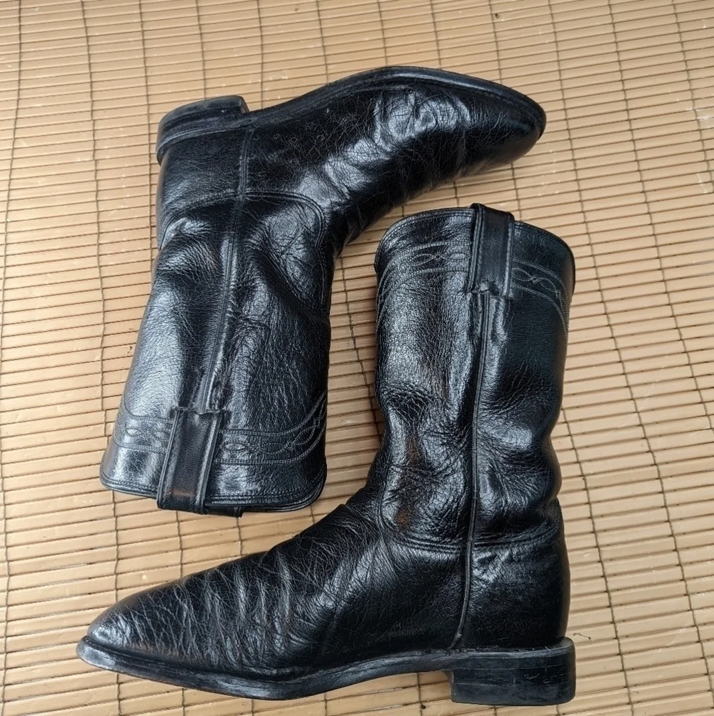 Justin Boots, Black, Exotic Smooth Ostrich Quill leather, Ropers, Mens Size 8D.